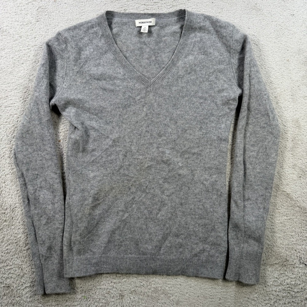 Nordstrom Sweater Women XS Grey 100% Cashmere Crewneck Pullover Soft Lightweight